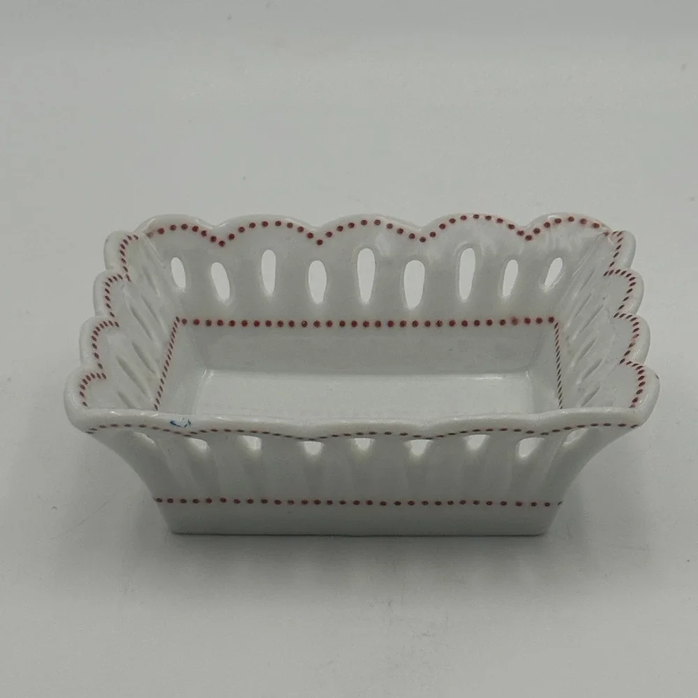 Andrea by Sadek Williamsburg Reticulated Porcelain Trinket Dish White Red Dot